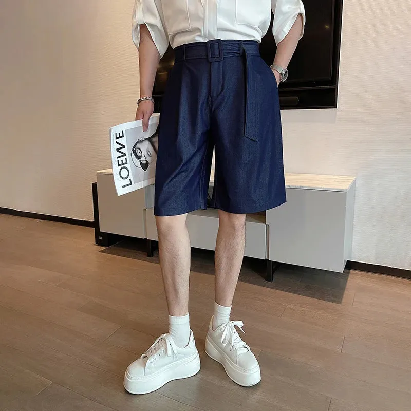 Trendy Men's Shorts Lace-up Solid Color Male Bottoms Pocket 2024 Summer Loose Temperament Knee-length  9C6440