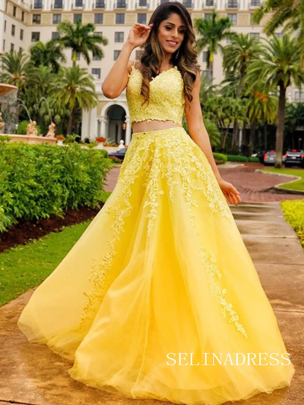 Two Pieces Spaghetti Straps Yellow Long Prom Dresses Lace Evening Dress lpk523
