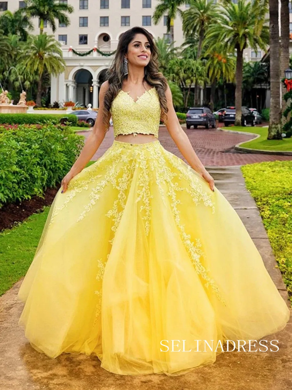 Two Pieces Spaghetti Straps Yellow Long Prom Dresses Lace Evening Dress lpk523